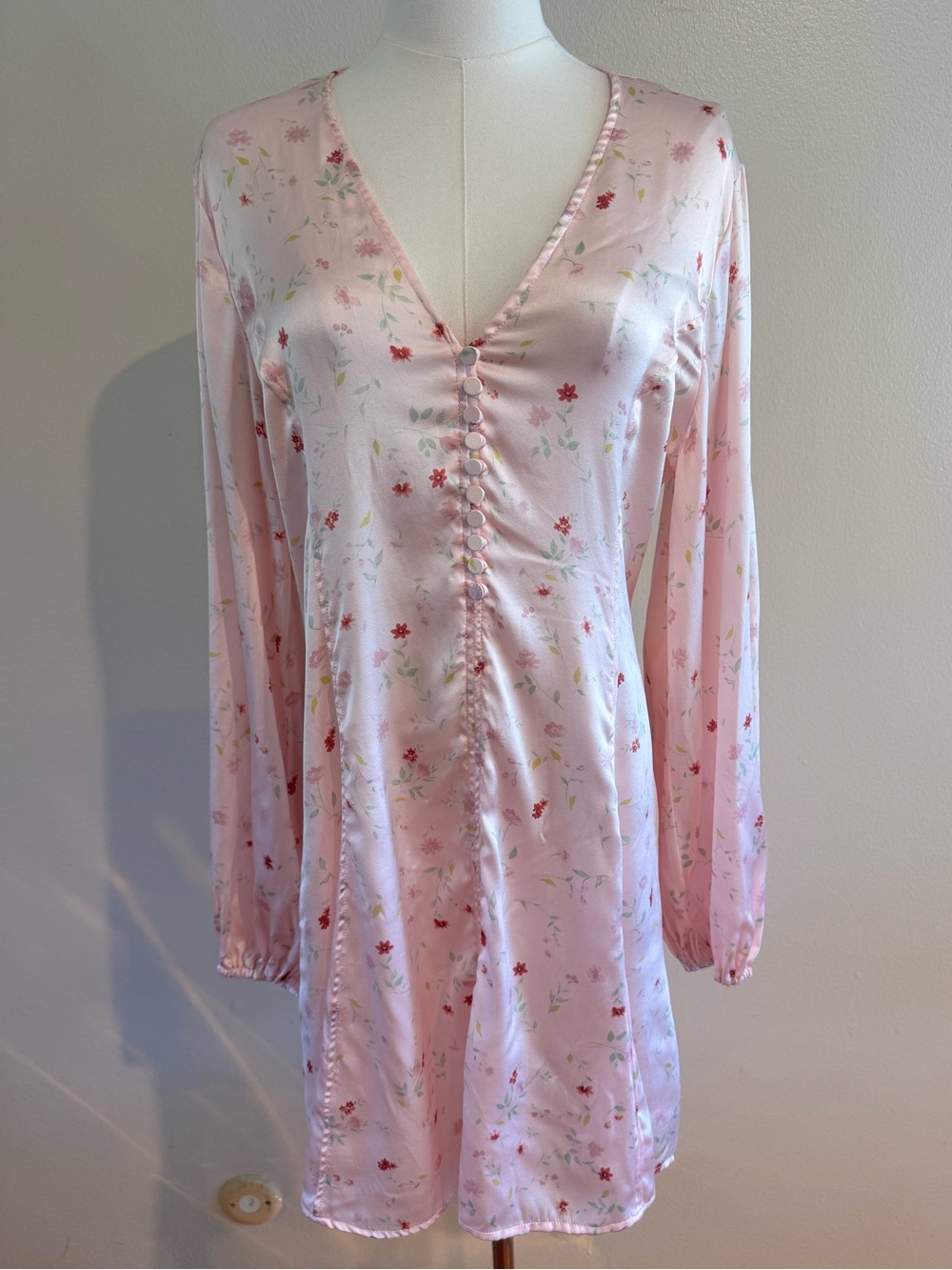 GANNI Pink Floral Silk Stretch Long Sleeve Mini Dress Size 42